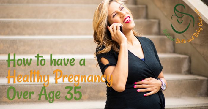 Pregnant mom over 35 talks on cell phone with logo and title superimposed