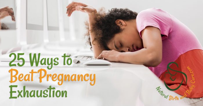 Tired pregnant mom asleep at the computer with 25 ways to beat exhaustion words superimposed