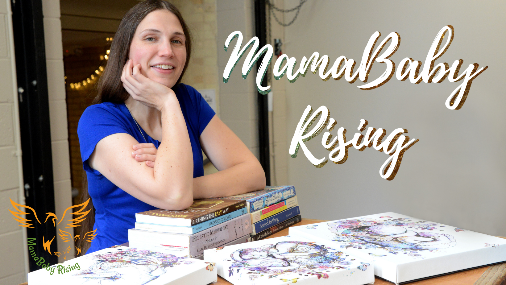 MamaBaby Rising Woman leaning on a stack of pregnancy and birth books