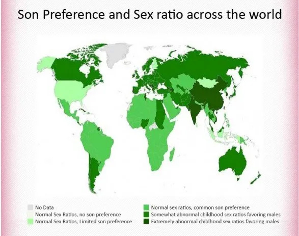 A map graphic showing sex ratio by country and correlation with son preference